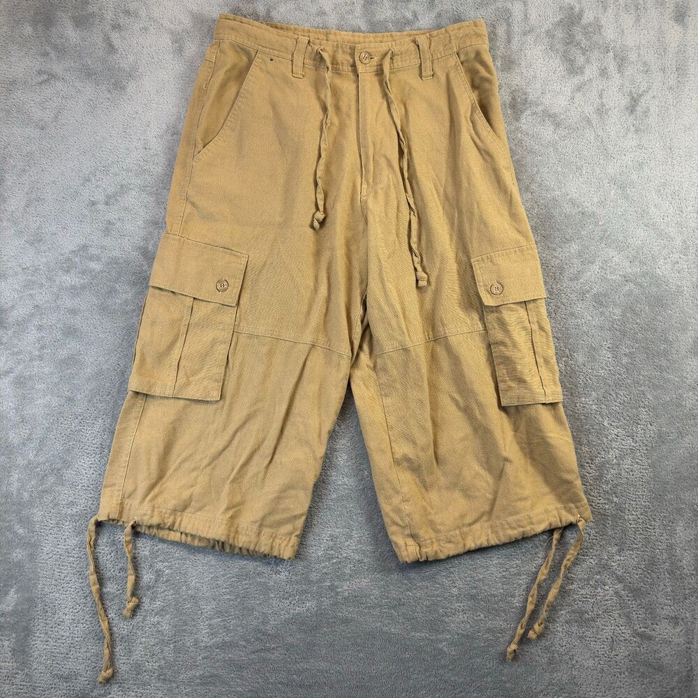 Trust Cargo Shorts Men 32 Tan Khaki Linen Baggy Y2K Skater Drawstring Cinch Hem